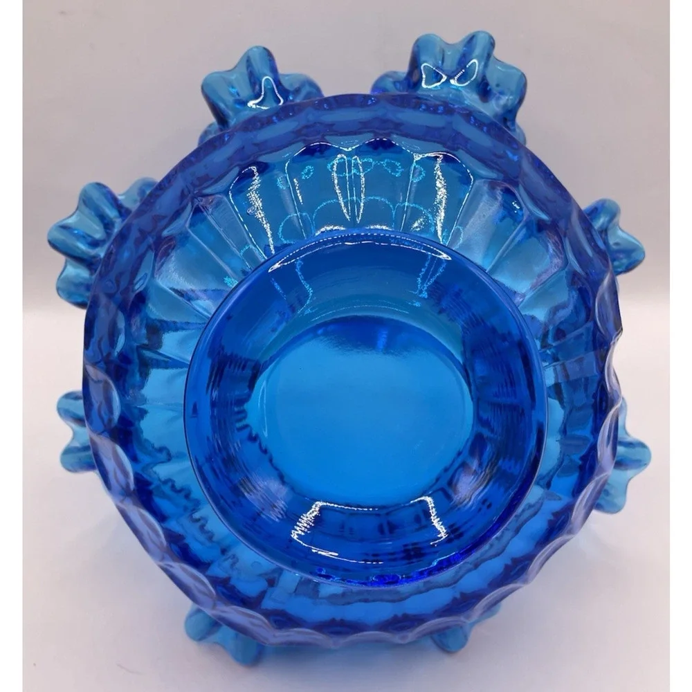 1950s Vintage Fenton Thumbprint Colonial Cobalt Blue Ruffled 8” Glass Basket